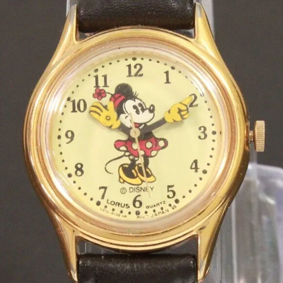 Lorus Ladies Mini Mouse Watch Gold Tone Case New Brown Leather Strap And Battery